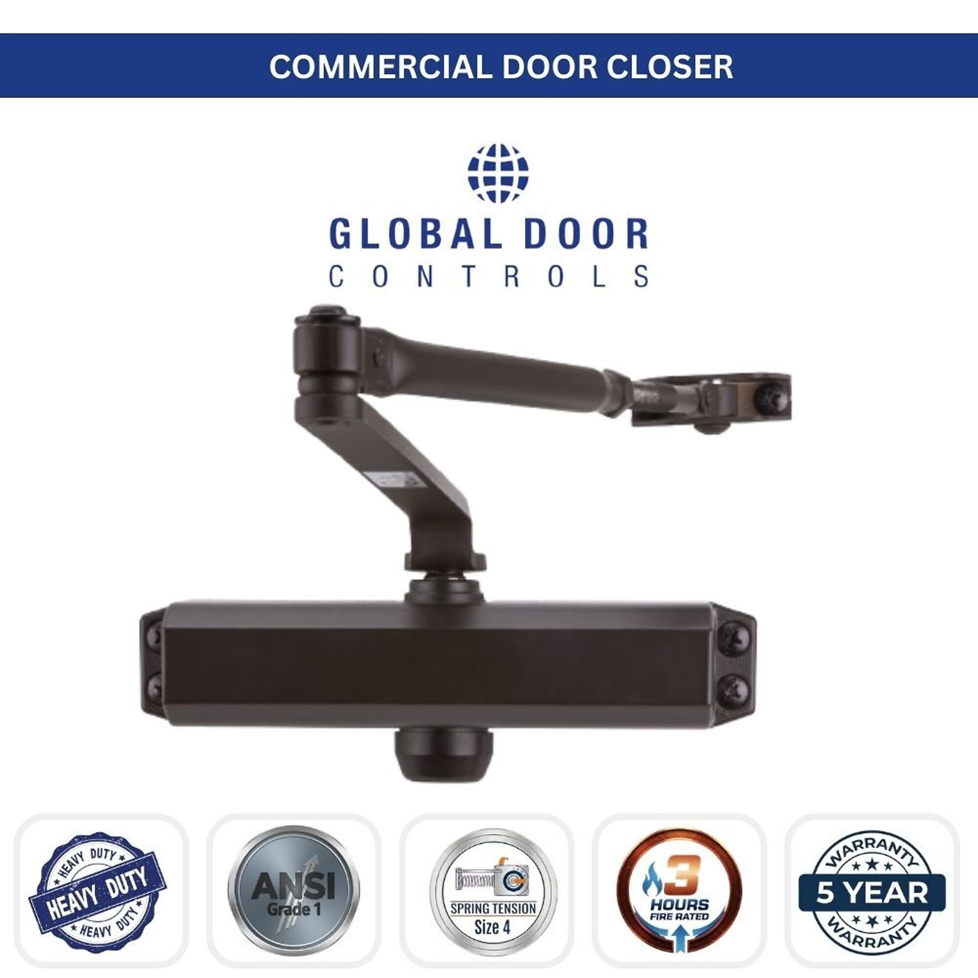 Global Door Controls, Streamline Commercial Grade 1 Door Closer with Backcheck in Duronodic - Size 4, #TC2204-BC-DU
